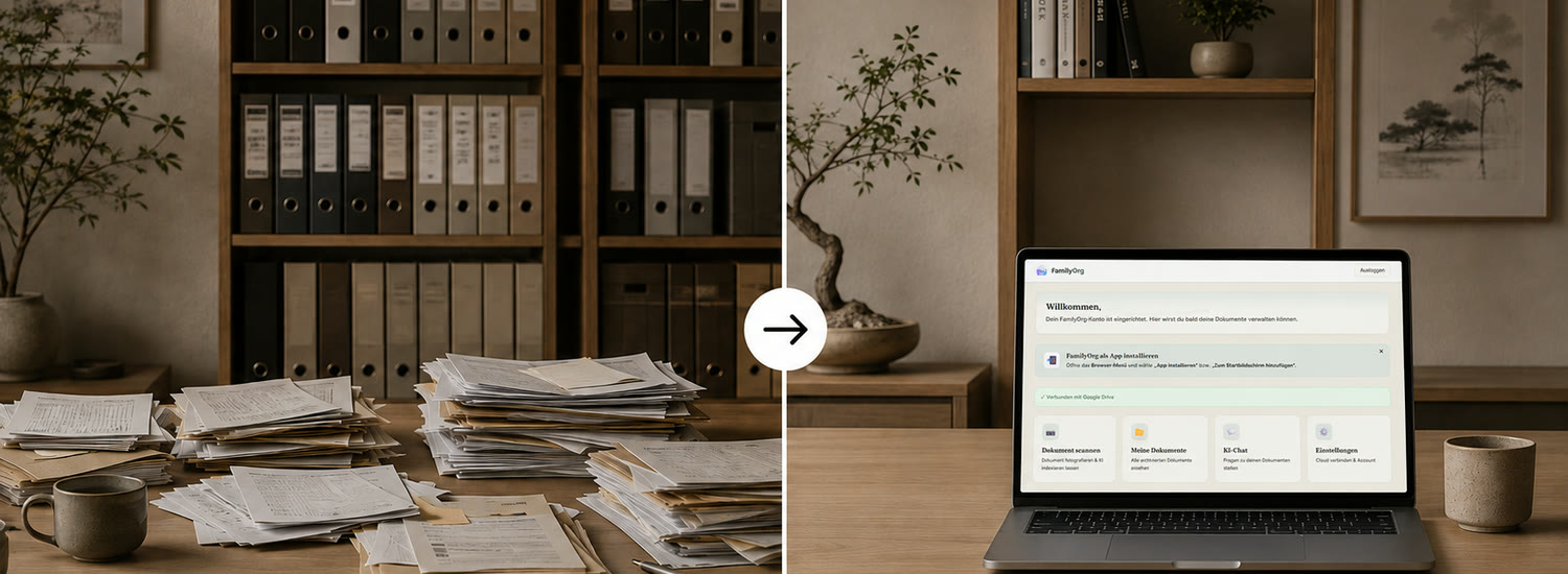 Aus Papierstapeln wird digitale Ordnung – FamilyOrg auf einem Laptop